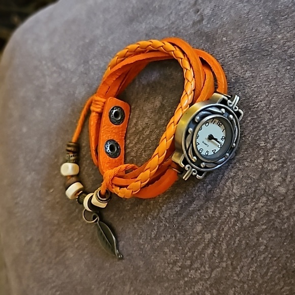 3/$30 Vintage Orange Boho Leather Beaded Watch Bracelet - Picture 2 of 6